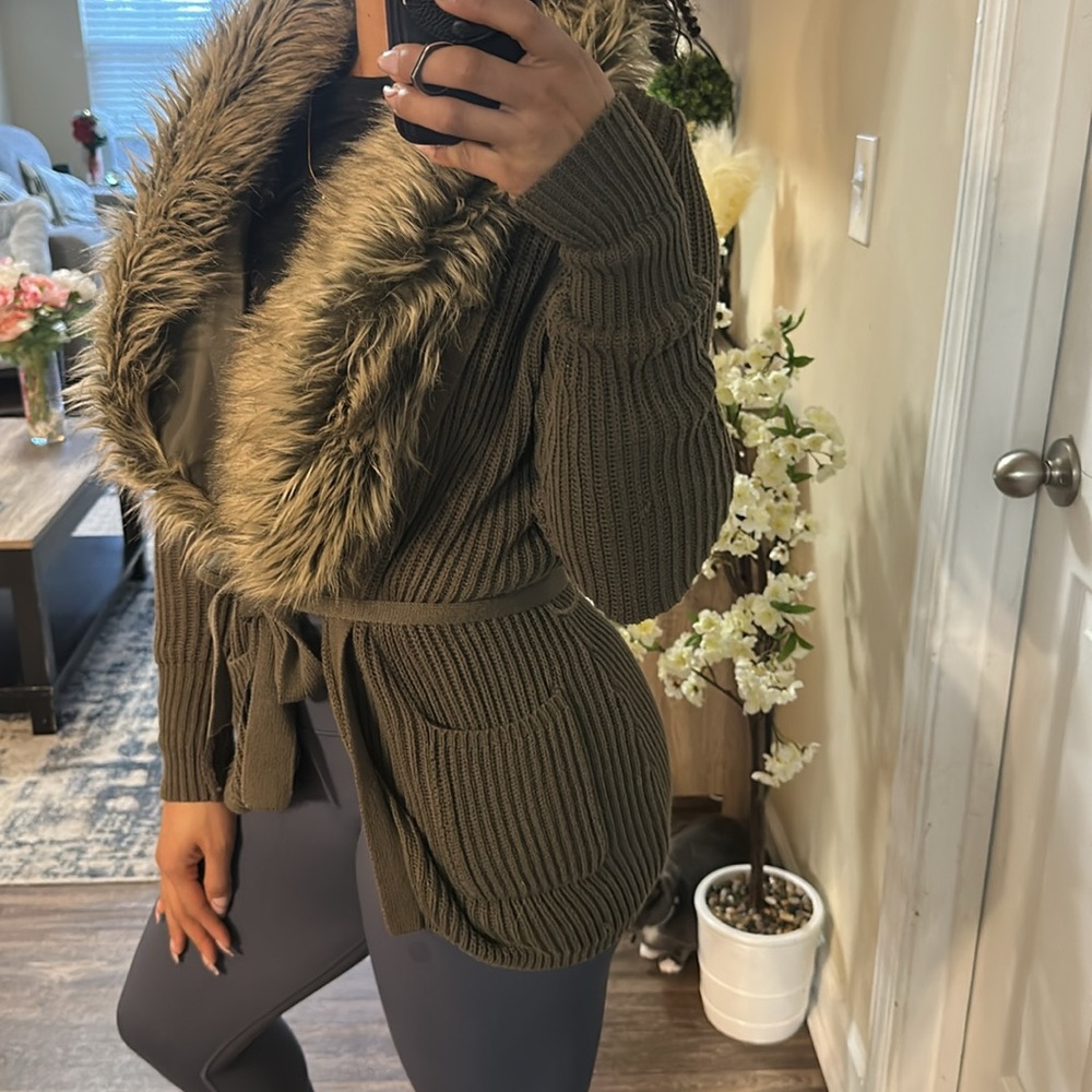 Olive Green Faux Fur Cardigan Sweater